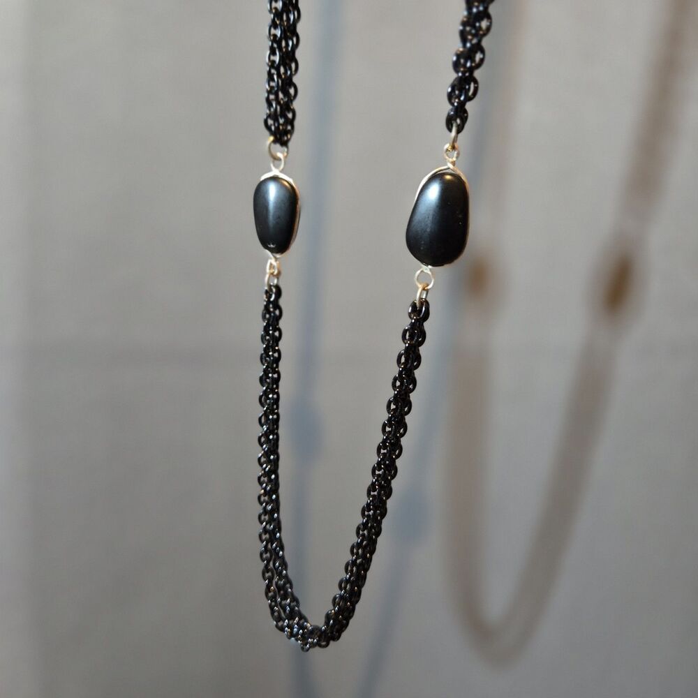 Vtg 60s Long MultiStrand Black Chain & Stone Necklace Silver Signed Lisa Jewels